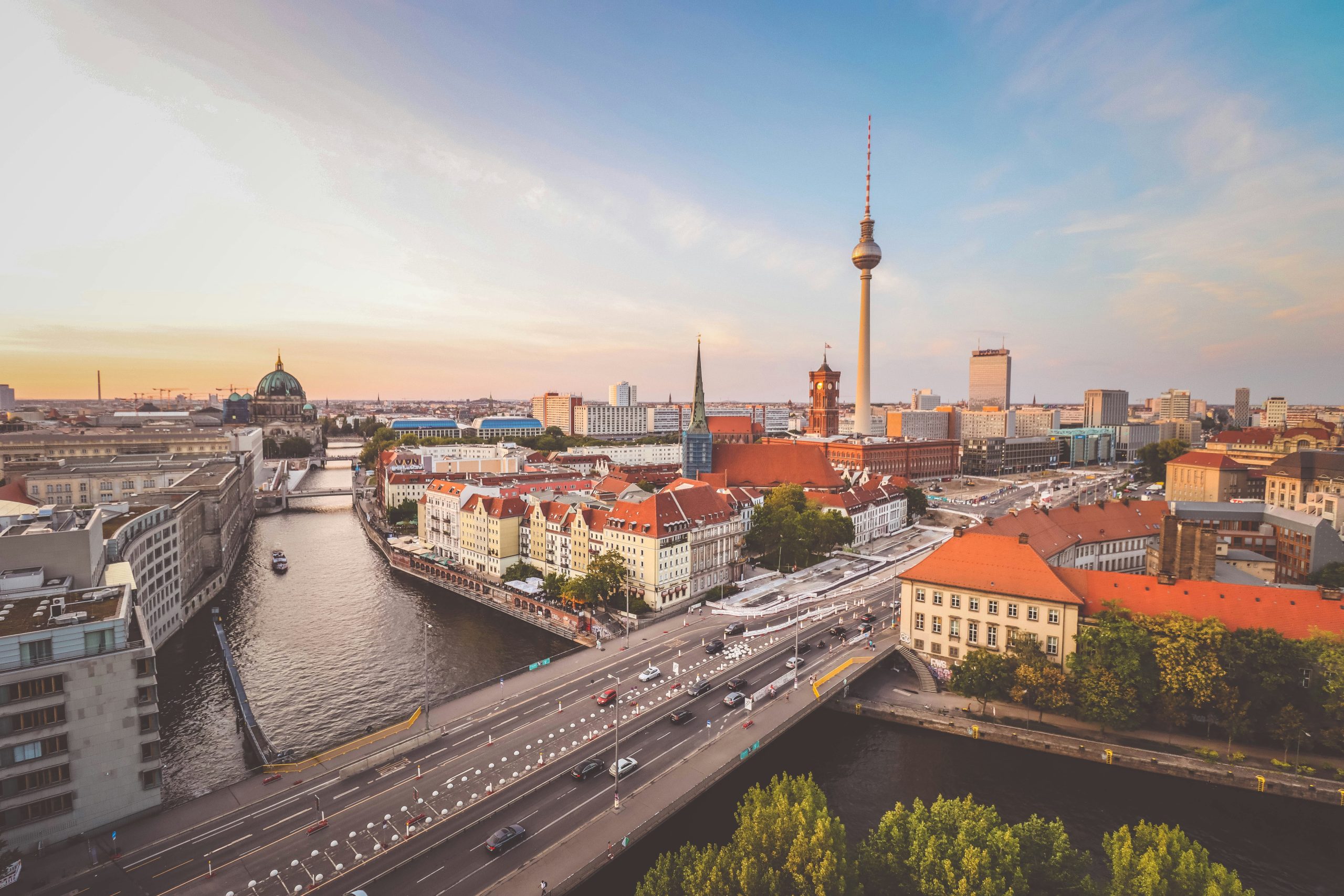 Berlin city skyline with the Fernsehturm TV Tower and the Spree river